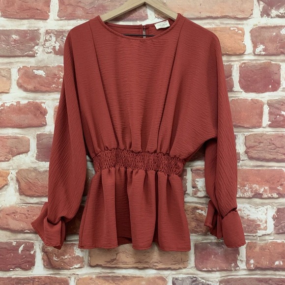 143 Story By Line Up Top Shirt Women's Medium Rust Brown Crinkle Popover Blouse - Picture 1 of 9